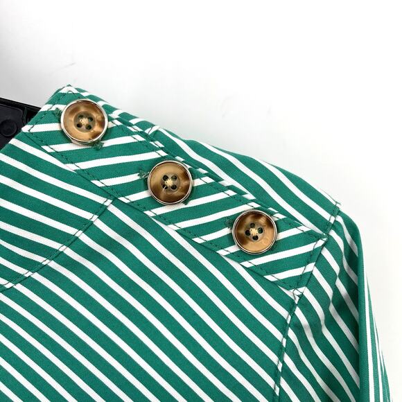Chicos Mock Neck Poplin Shirt Size 1 8 Medium Green White Stripe Tortoise Button - Picture 2 of 7
